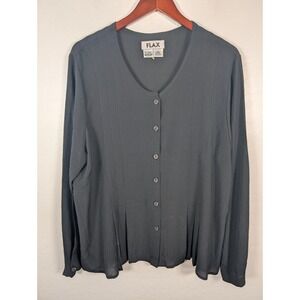Flax Blouse Women's Medium Black Top Long Sleeve Button Up‎ Round Neck Business
